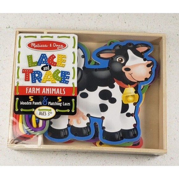 Melissa and Doug Lace and Trace Farm Animals Wooden Panel & Laces - Ages 3+ NEW - Picture 1 of 14